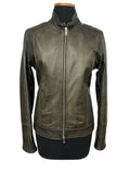 Olive green leather jacket with front zipper and contrast stitching, displayed on mannequin