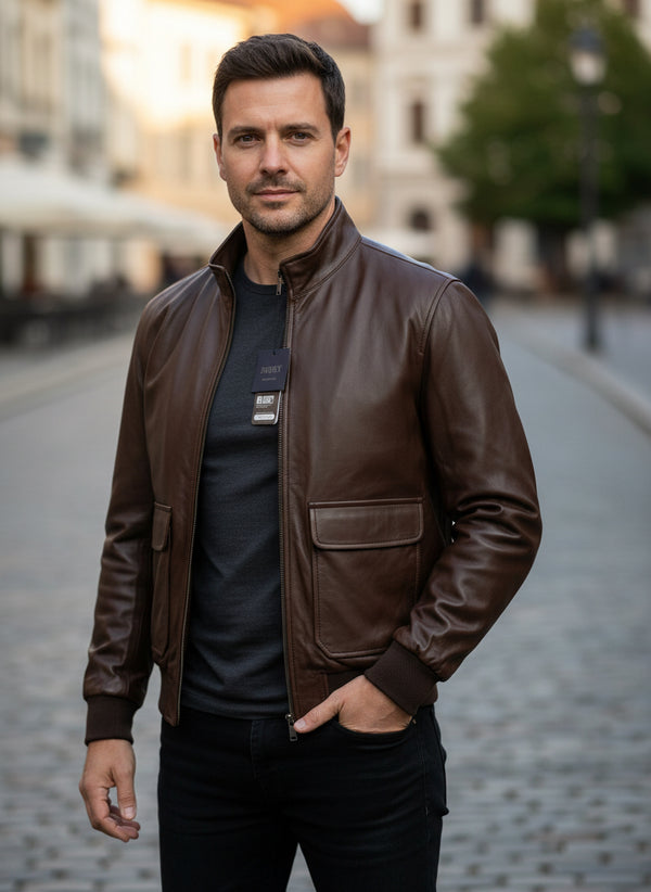 Brown bomber leather jacket hand dyed by dubey