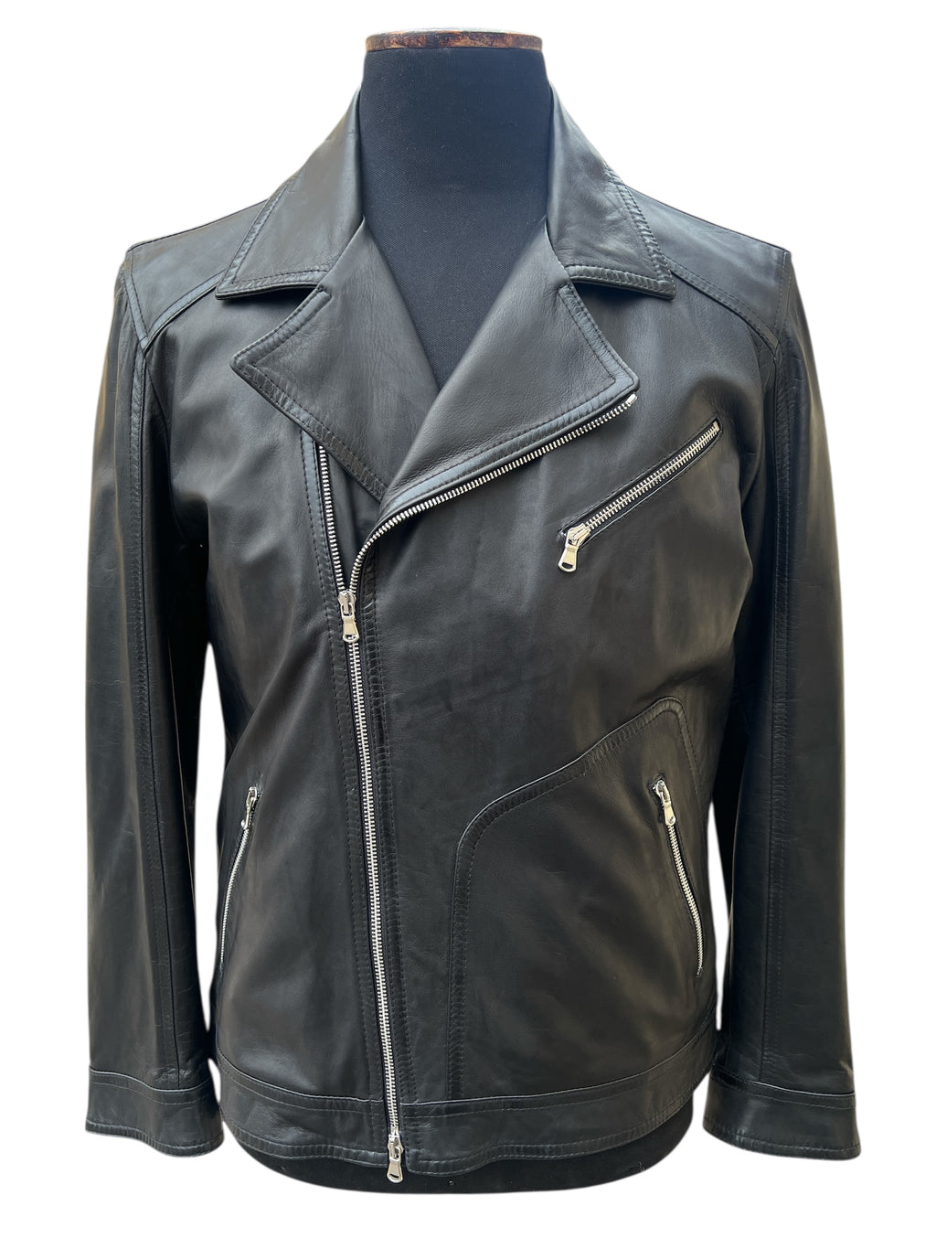 Black leather biker jacket with zippers, stylish and modern fashion outerwear