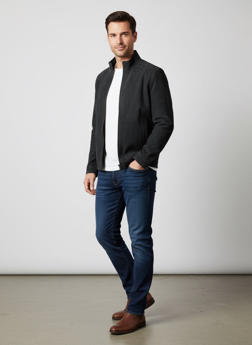 Man wearing stylish black zip-up jacket, white tee, and dark blue jeans for casual fashion look