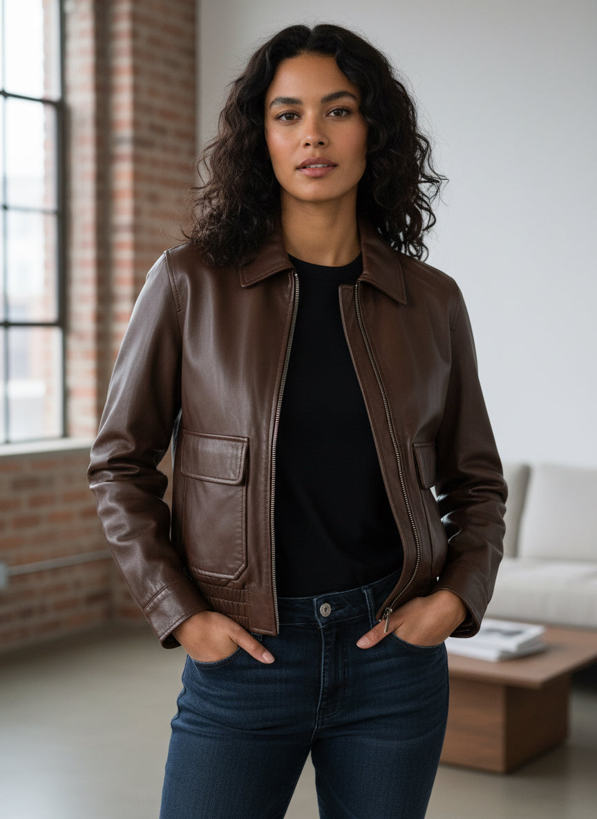 Woman wearing stylish brown leather jacket with zipper, paired with black top and jeans in modern loft setting