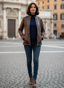 Woman in stylish brown leather jacket, navy top, and jeans walking on cobblestone street
