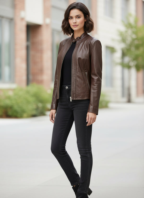 Woman wearing stylish brown leather jacket with black top and jeans, urban street setting