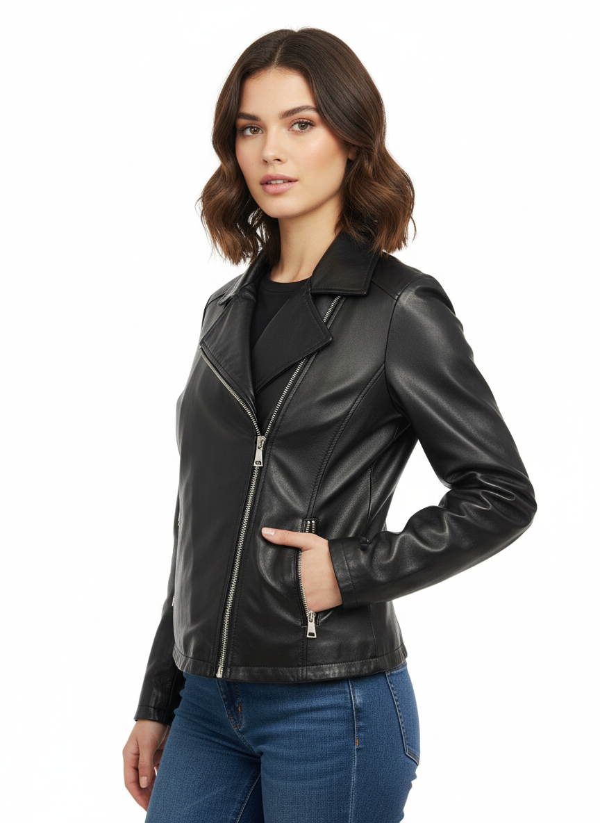 Woman modeling black leather biker jacket with zipper details, styled with jeans for casual fashion