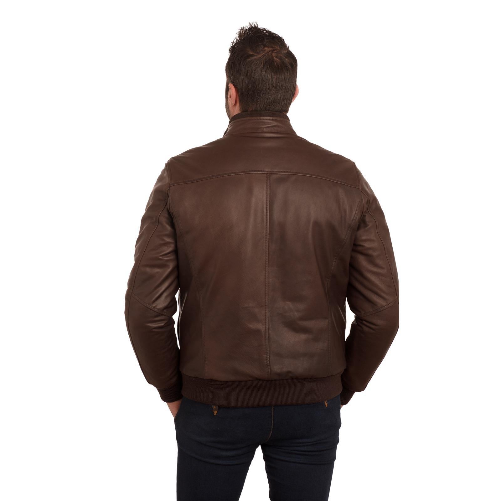 Brown leather bomber jacket back view, stylish men's fashion with ribbed cuffs and waistband