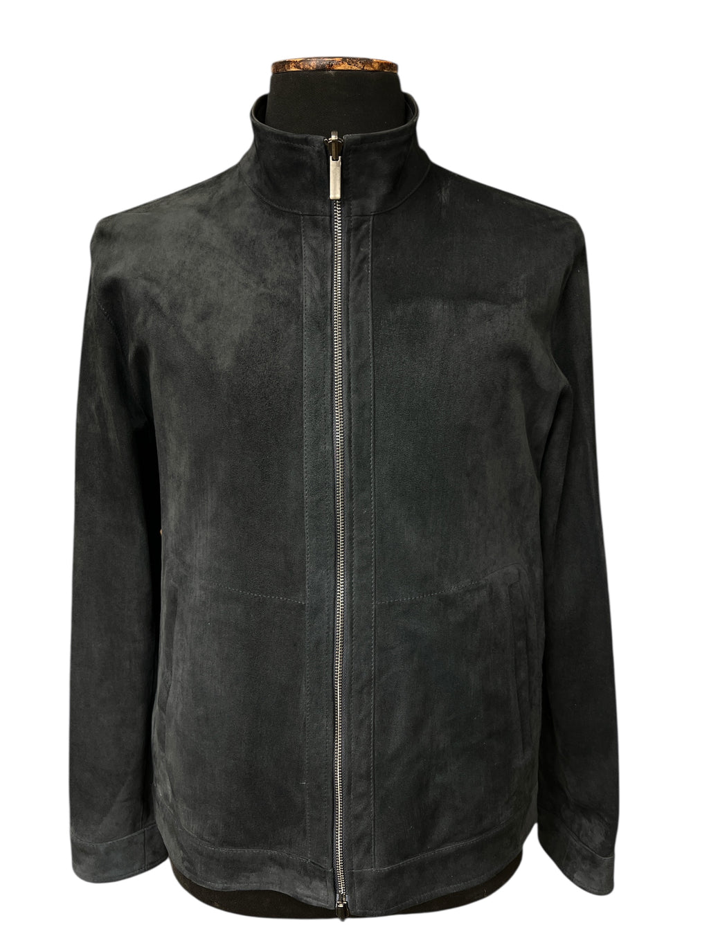 Black suede leather jacket with full zip and stand collar, stylish men's outerwear