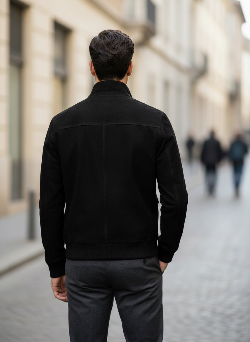 Black bomber suede leather jacket by dubey(D117) – Florence