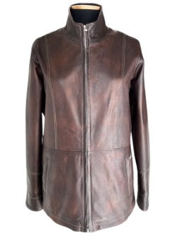 Brown leather jacket with zip front and high collar, stylish and comfortable women's fashion