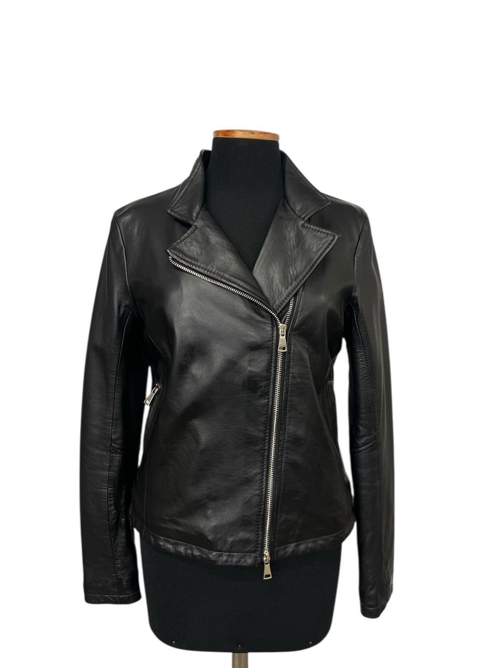 Black leather biker jacket with zipper closure, stylish and modern women's fashion outerwear