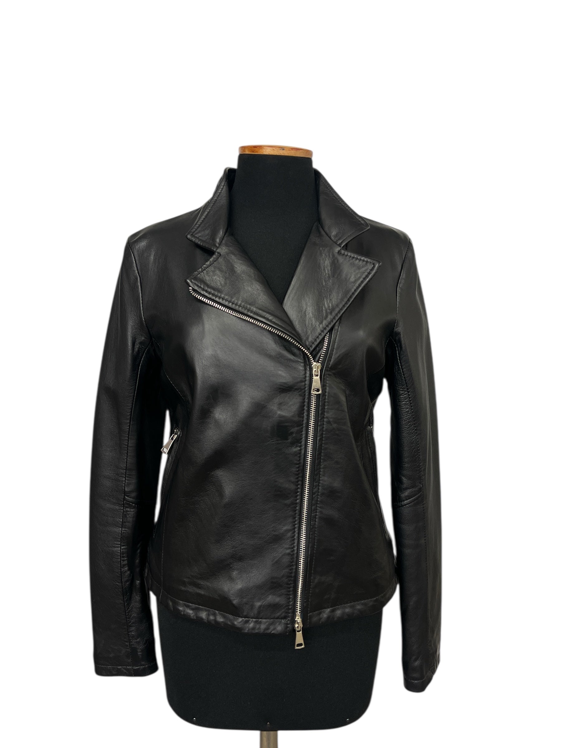 Black leather biker jacket with zipper closure, stylish and modern women's fashion outerwear