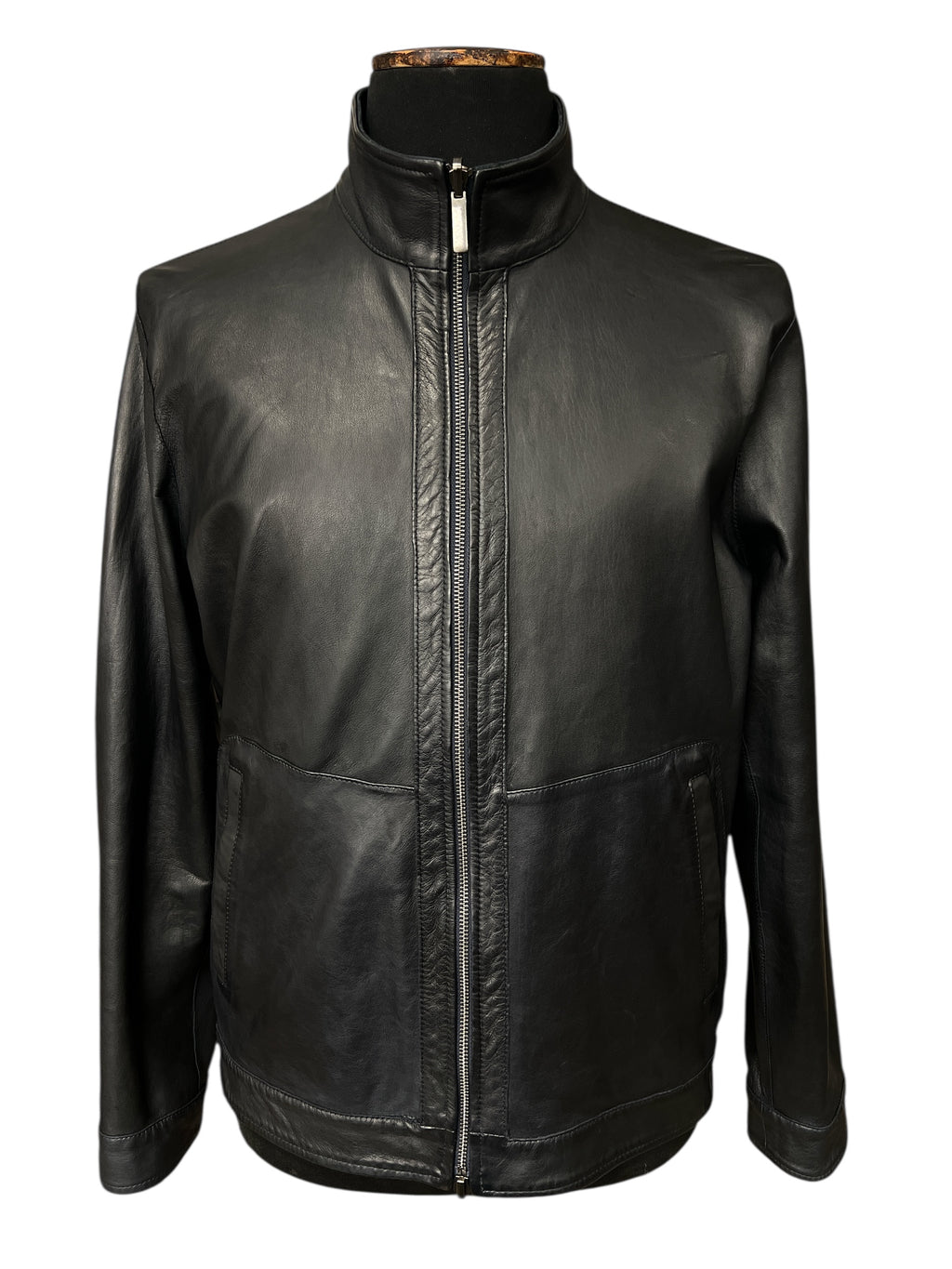 Black leather jacket with full zip and stand collar, stylish men's outerwear for modern fashion