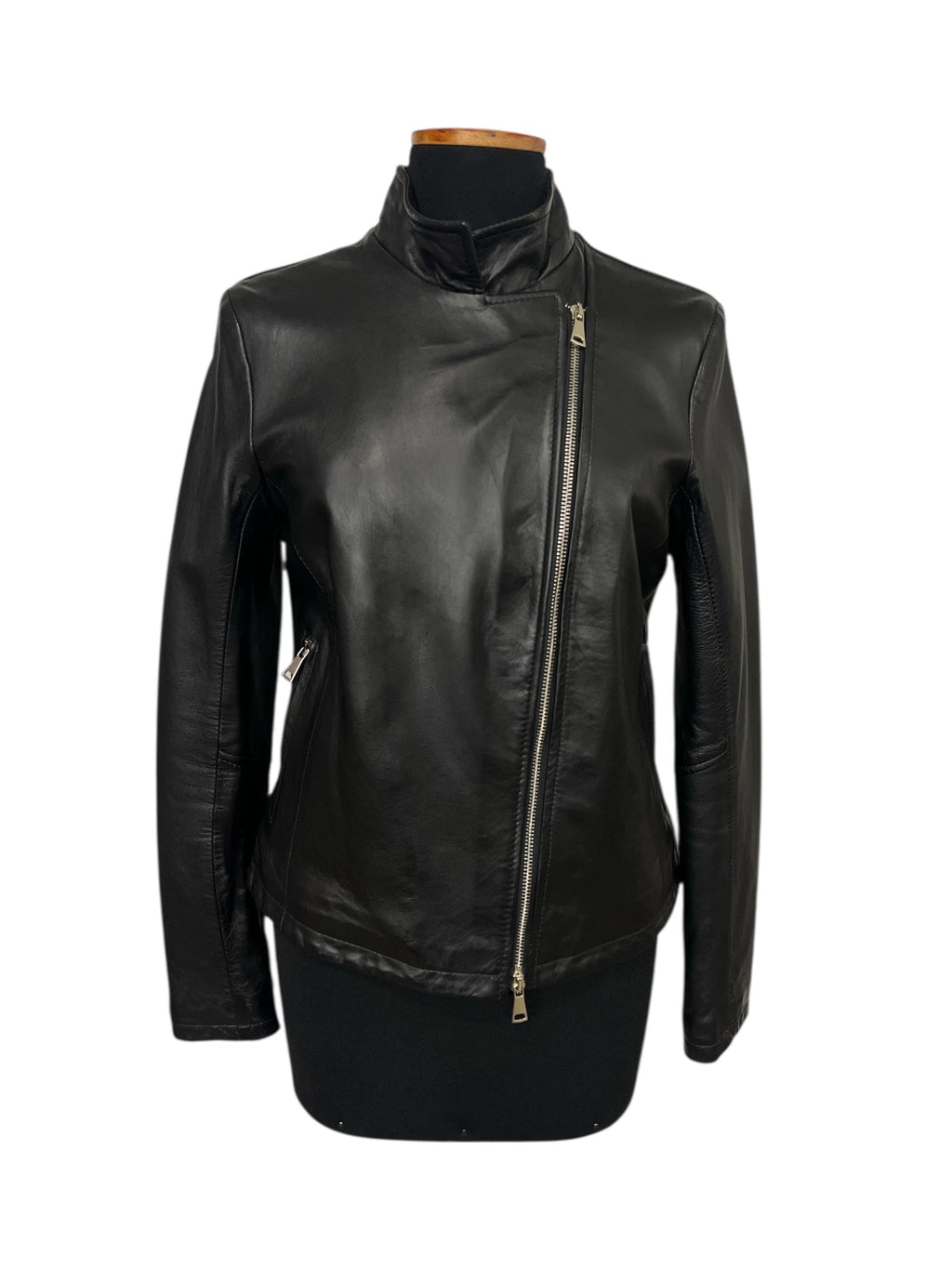 Black leather moto jacket with asymmetrical zipper and high collar, stylish women's fashion outerwear