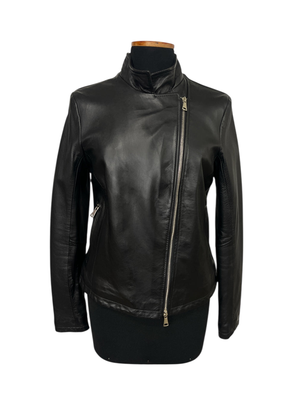 Black leather moto jacket with asymmetrical zipper and high collar, stylish women's fashion outerwear