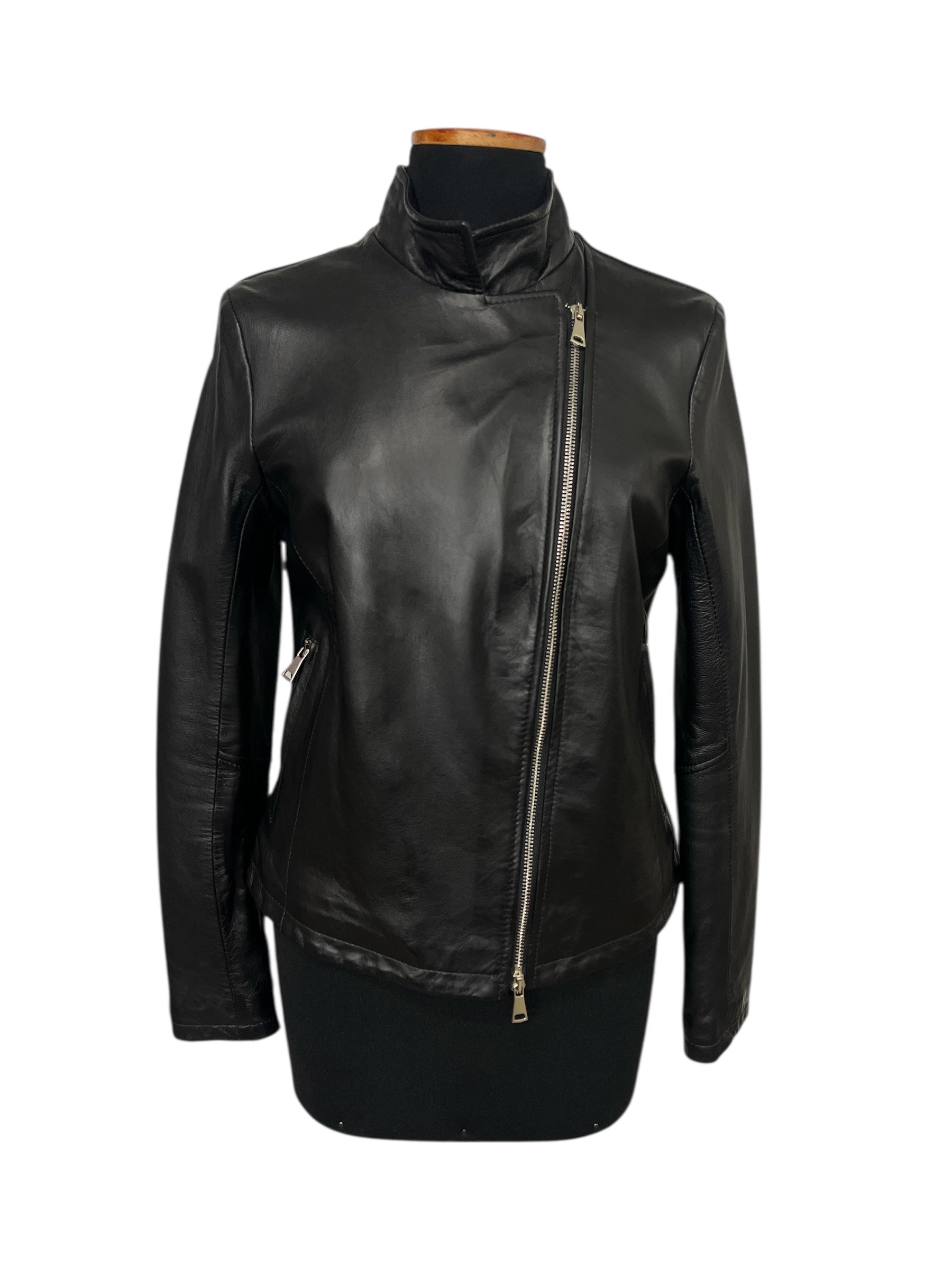 Black leather moto jacket with asymmetrical zipper and high collar, stylish women's fashion outerwear