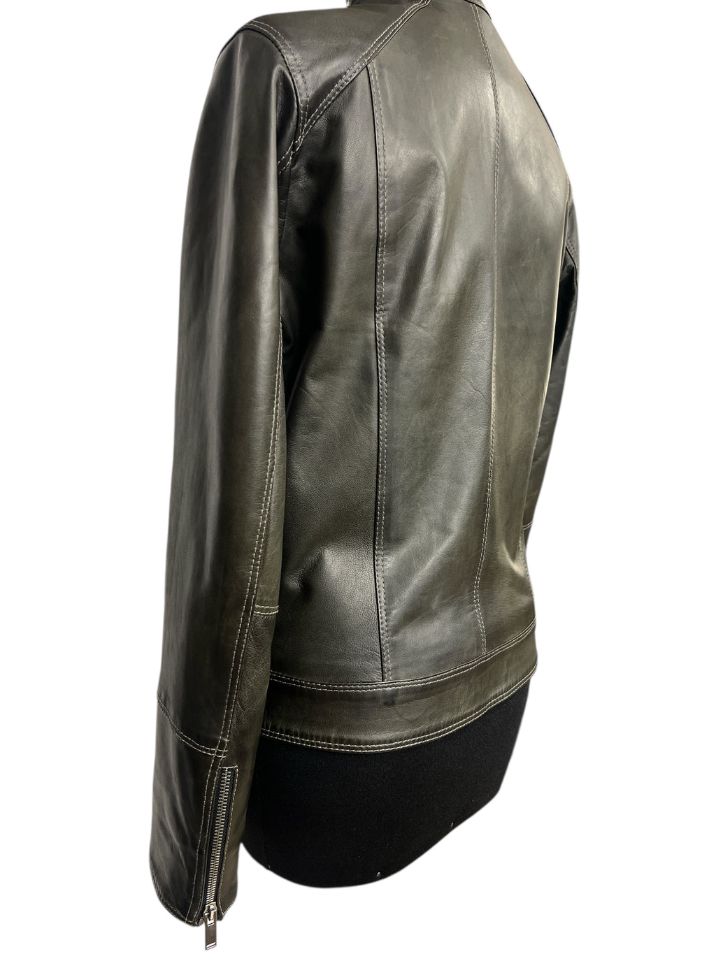 Olive green leather jacket with zipper sleeve detail, stylish and comfortable fashion outerwear