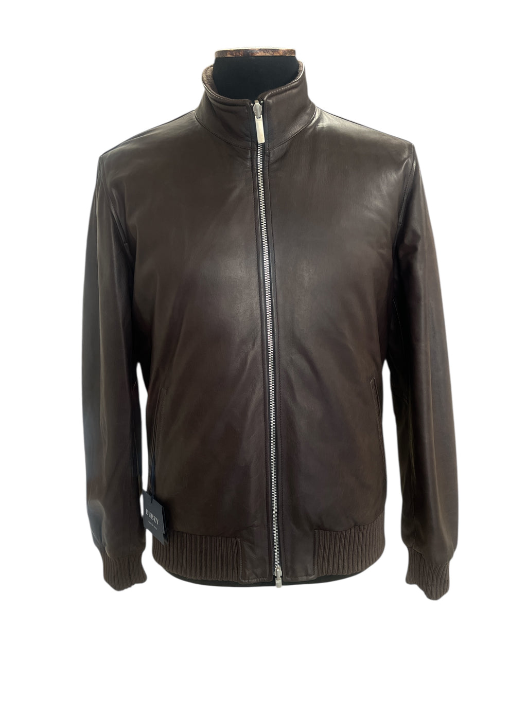 Brown leather bomber jacket with zip front and ribbed cuffs, stylish men's outerwear