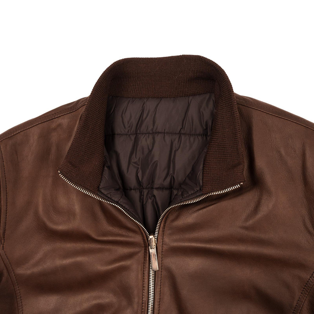 Brown leather jacket with ribbed collar and quilted lining, zipped front detail