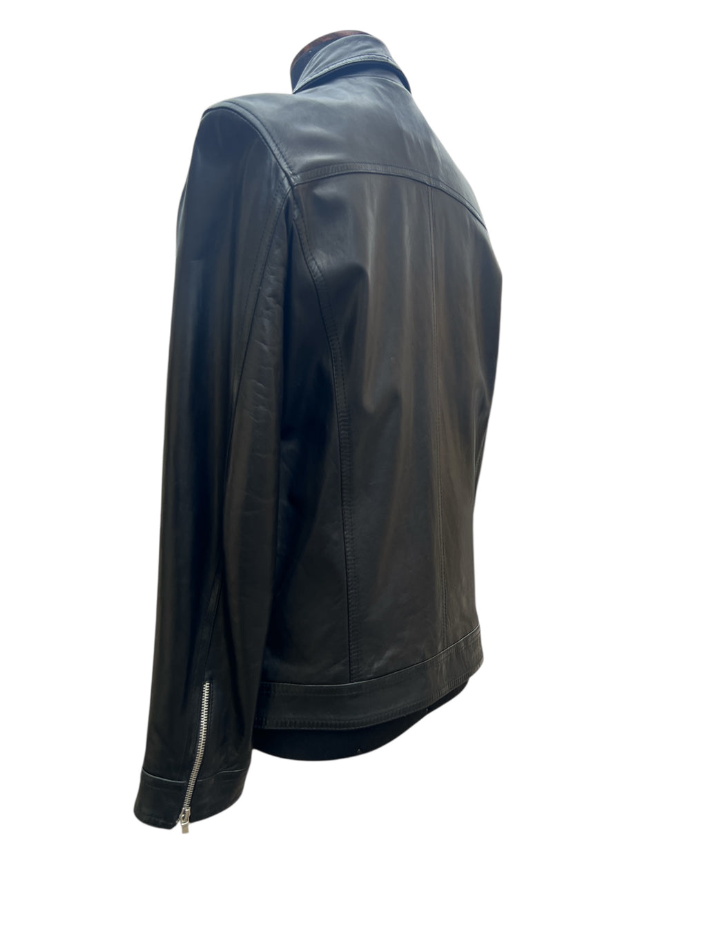 Black leather jacket with side zipper, stylish and comfortable men's outerwear