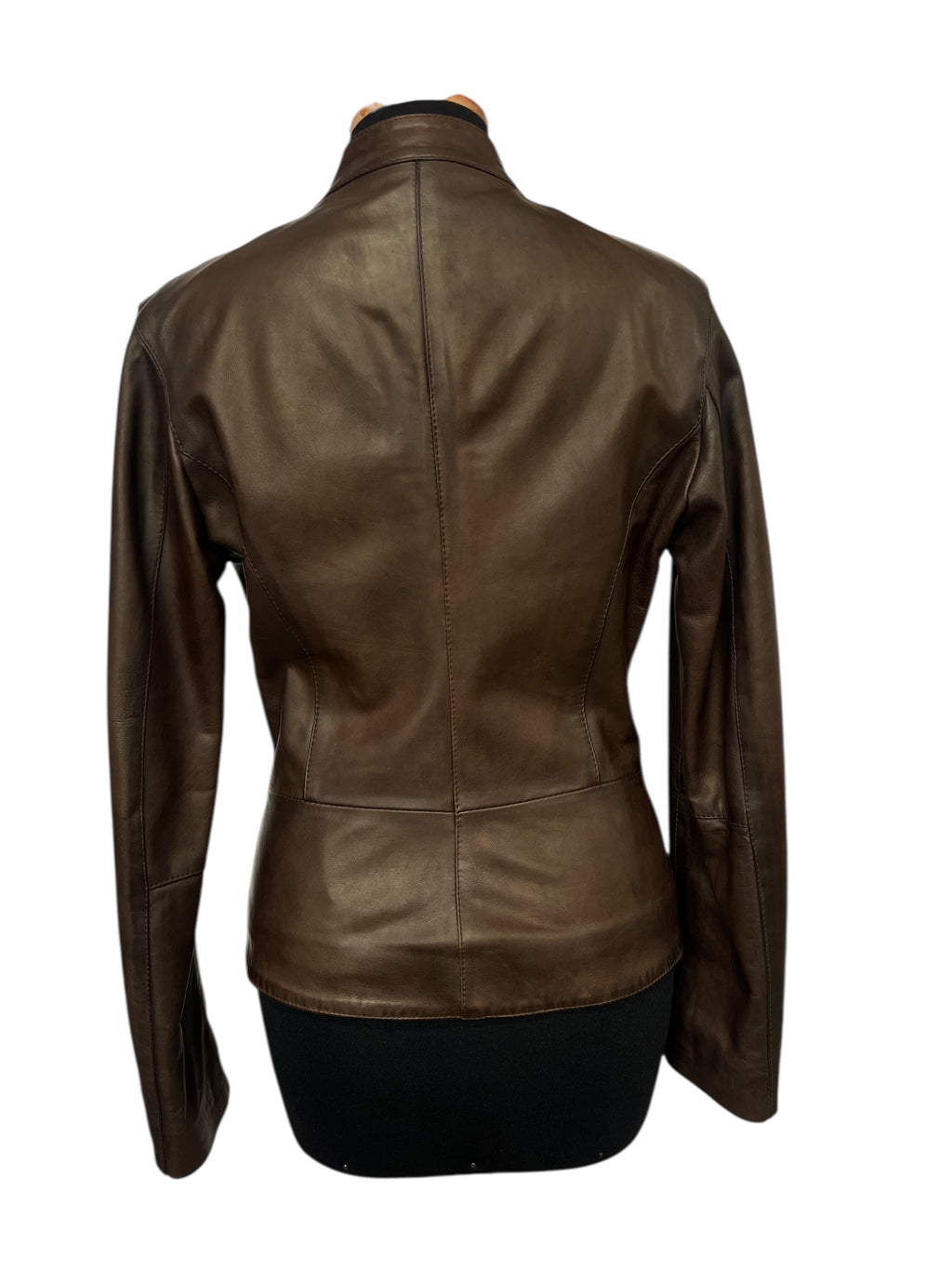 Brown leather jacket back view, stylish women's fashion with tailored fit and smooth texture