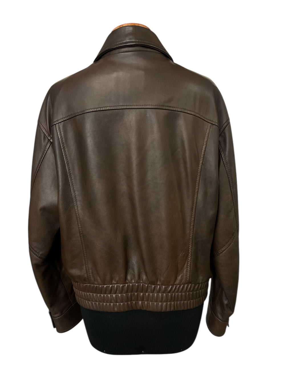 Brown leather bomber jacket back view, stylish and comfortable men's fashion