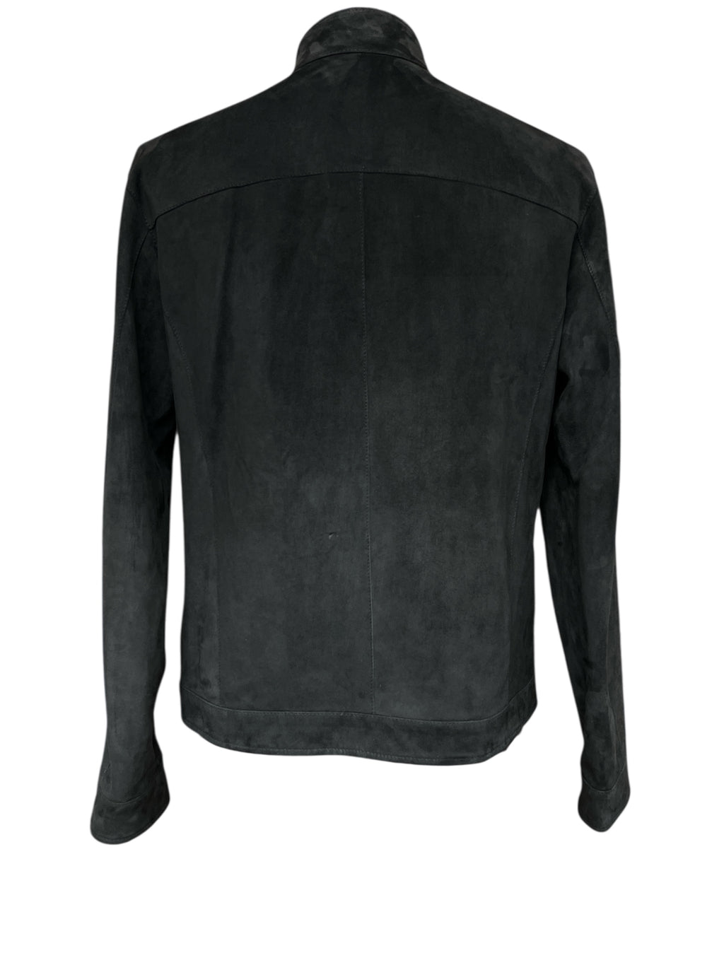 Black suede leather jacket back view, stylish men's fashion outerwear