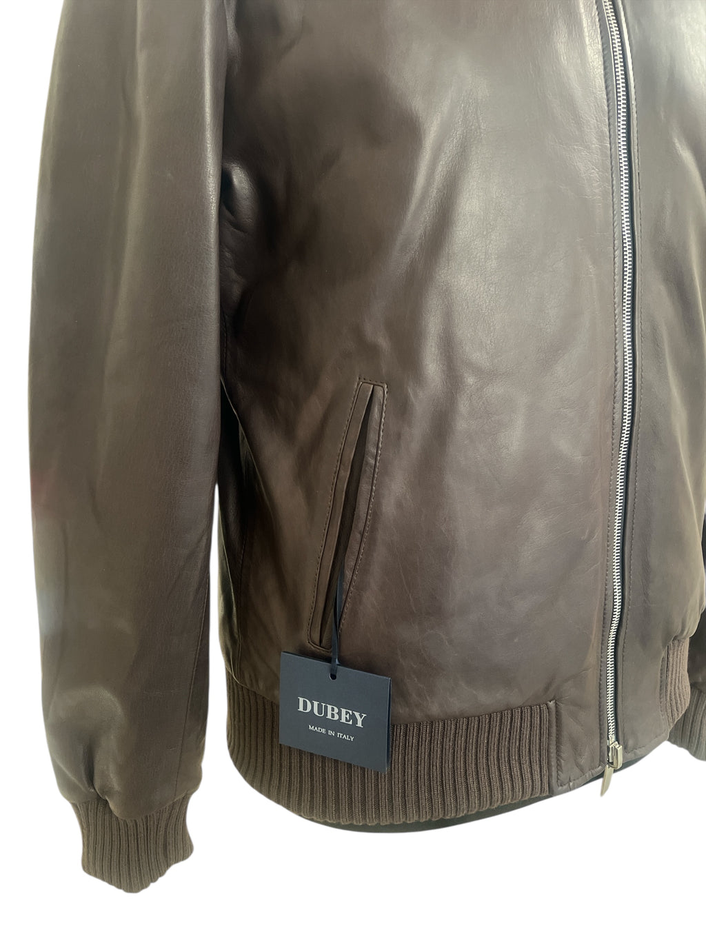 Brown leather bomber jacket with zipper, ribbed cuffs, and Dubey tag, made in Italy