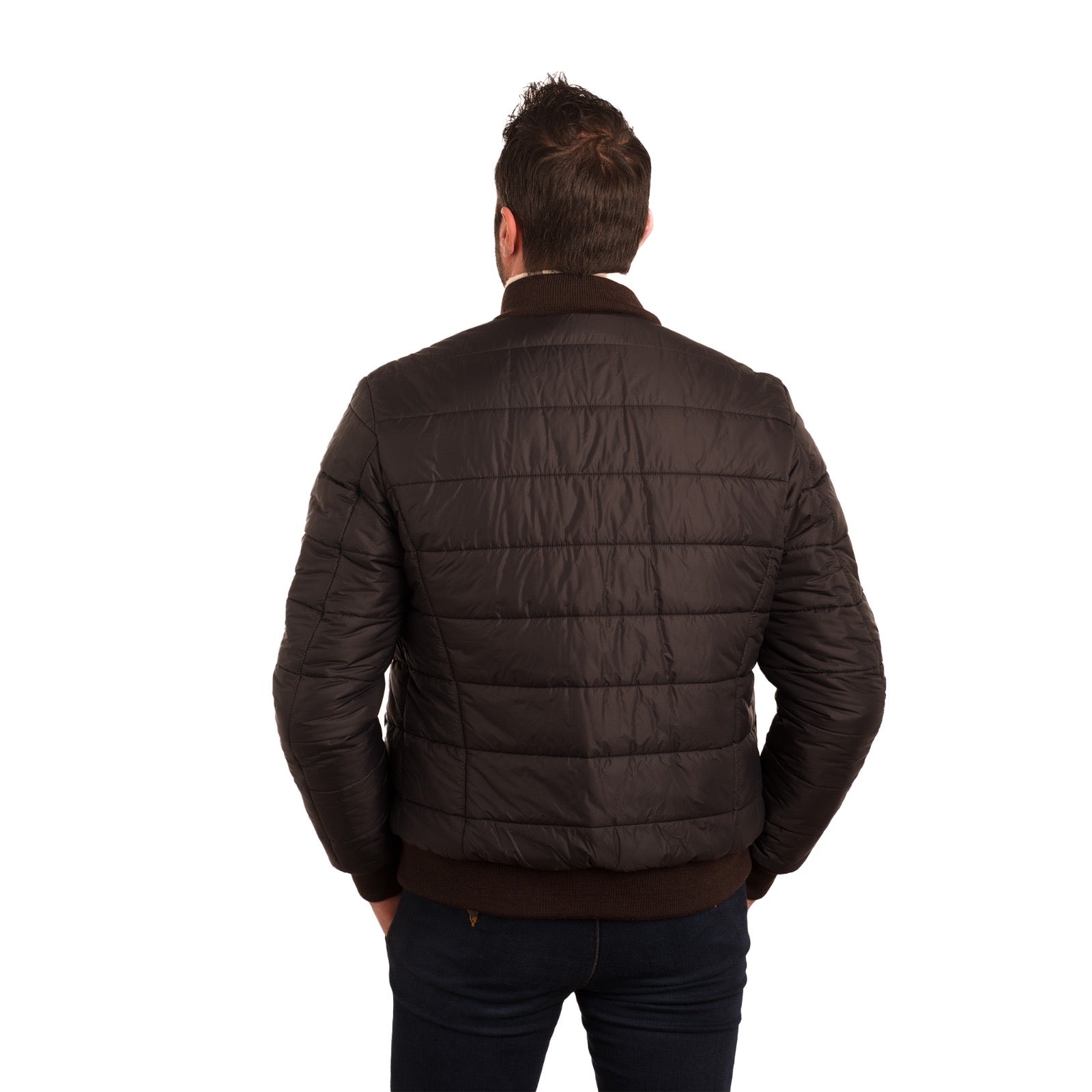 Men's dark brown quilted bomber jacket with ribbed collar and cuffs, back view