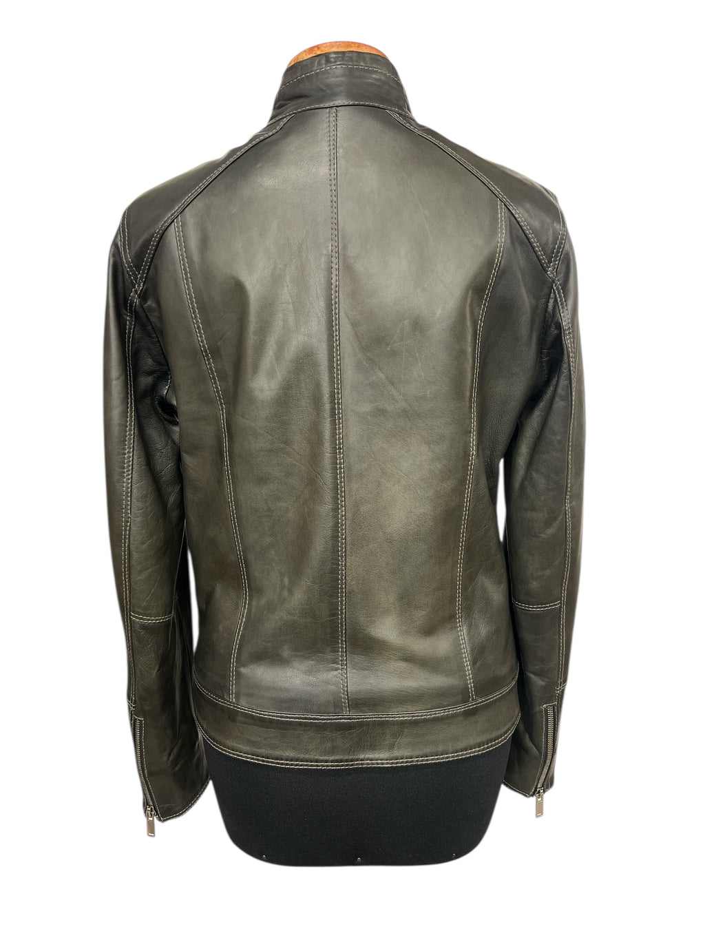 Olive green leather jacket back view with contrast stitching and side zippers, stylish men's outerwear