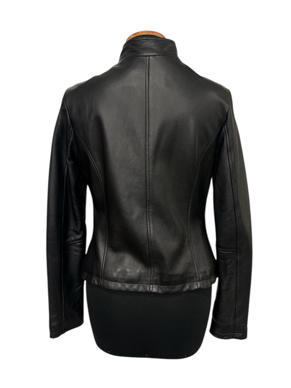 Black leather jacket back view, stylish women's fashion with tailored fit and sleek design