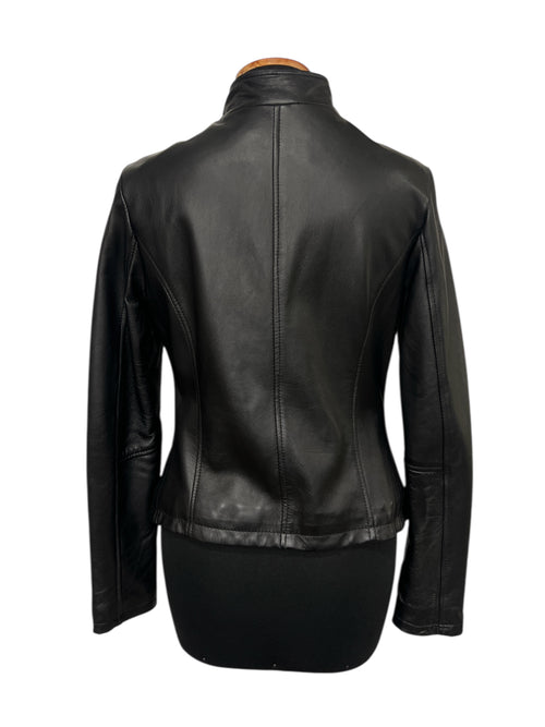 Black leather jacket back view, stylish women's fashion with sleek stitching and high collar