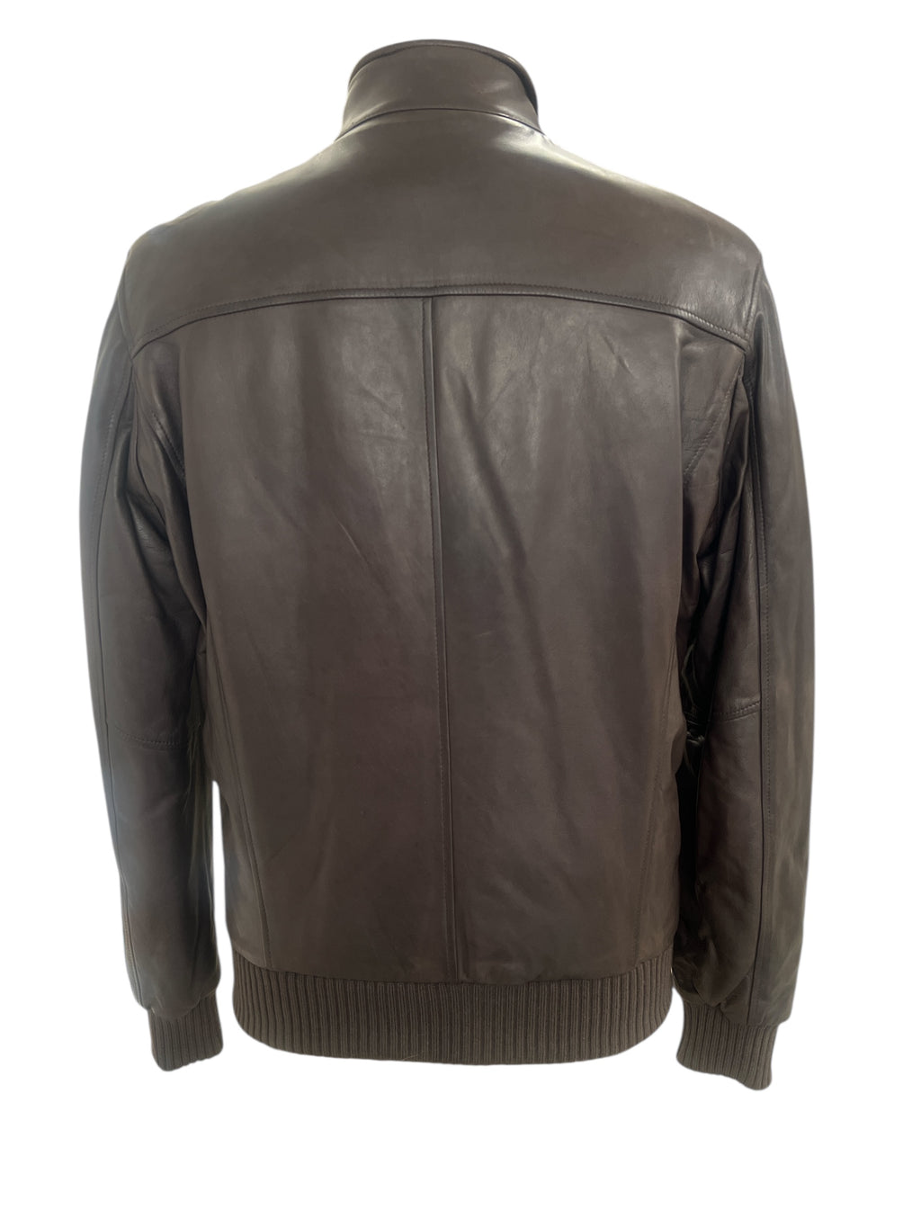Brown leather jacket back view with ribbed cuffs and hem, stylish men's outerwear