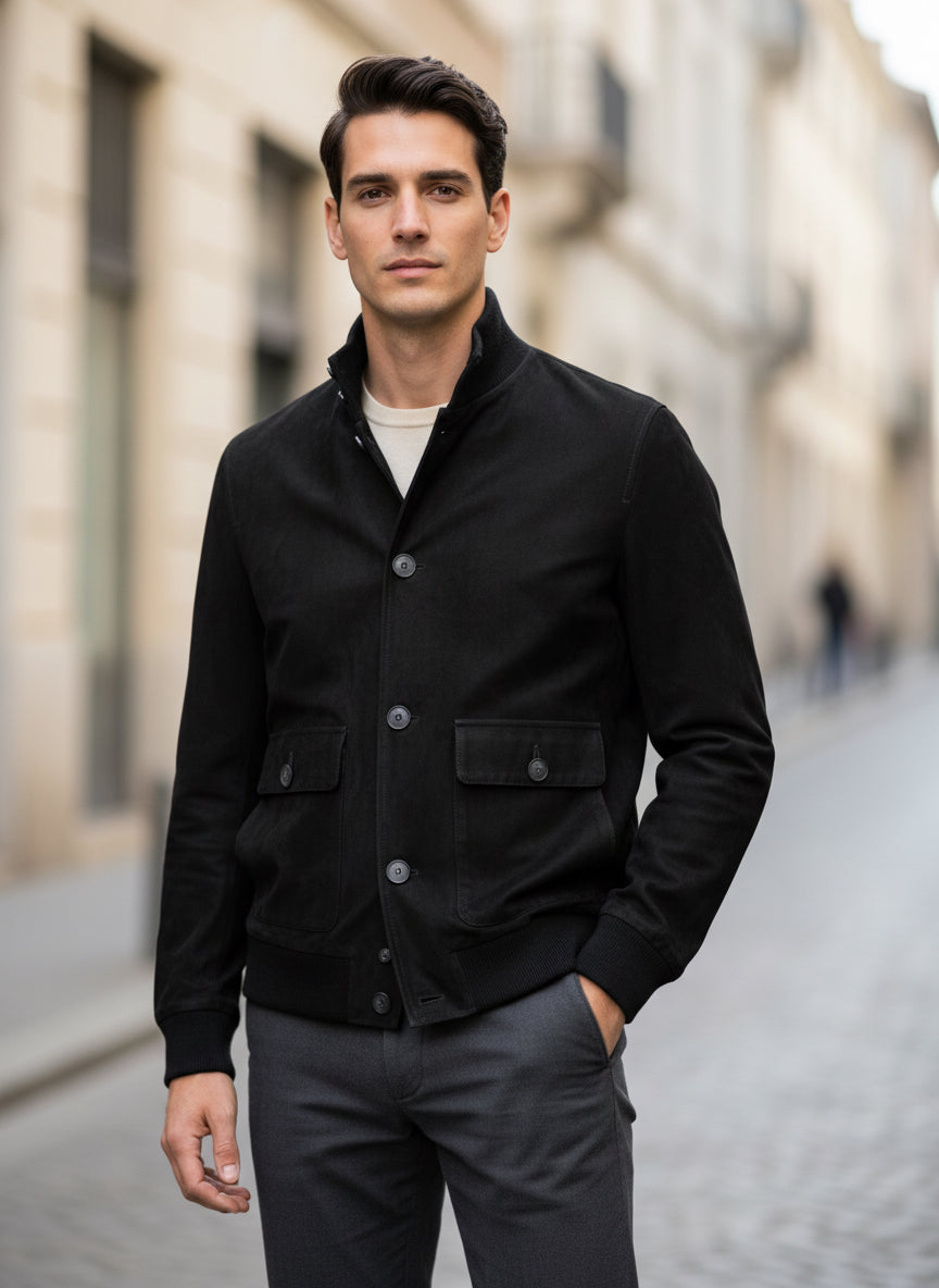 Man wearing stylish black button-up jacket with front pockets, paired with gray trousers, urban street setting