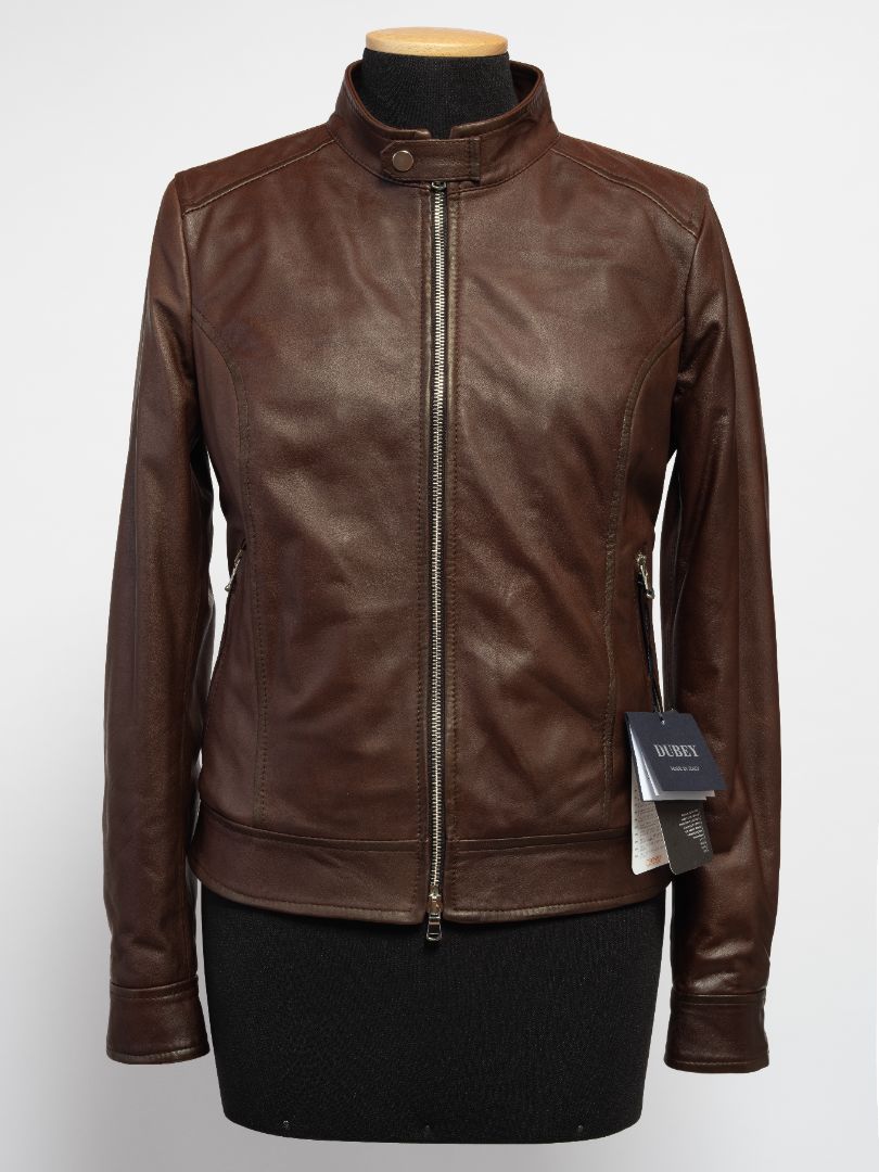Brown leather biker jacket with front zipper, displayed on mannequin, stylish and modern design