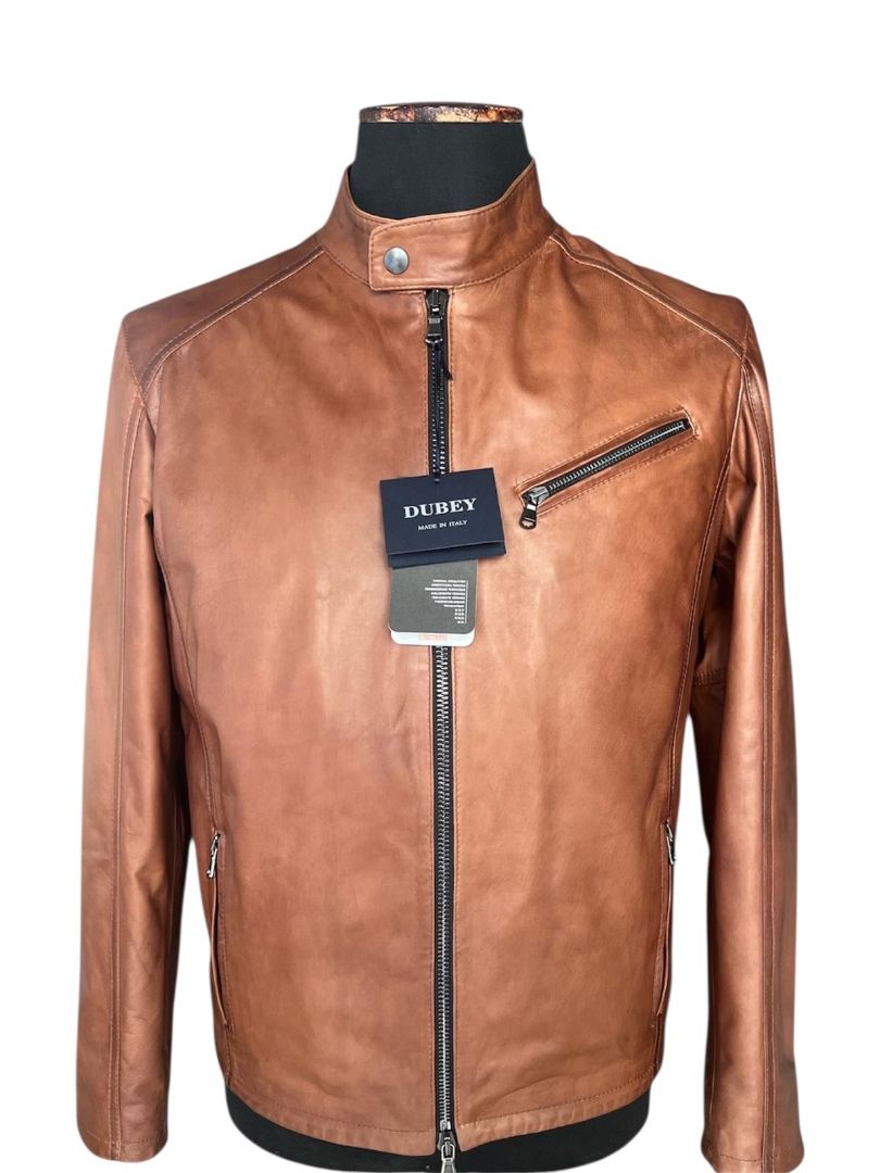 Brown leather jacket with zipper front and chest pocket, made in Italy, displayed on mannequin