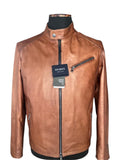 Brown leather jacket with zipper front and chest pocket, made in Italy, displayed on mannequin