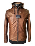 Brown leather hooded jacket with zipper, made in Italy, stylish men's outerwear
