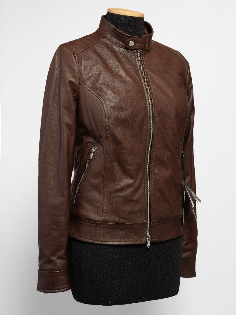 Brown leather moto jacket with zipper front and side pockets, stylish women's outerwear