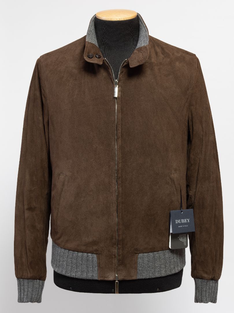 Brown suede bomber jacket with gray knit trim, zip front, and brand tag