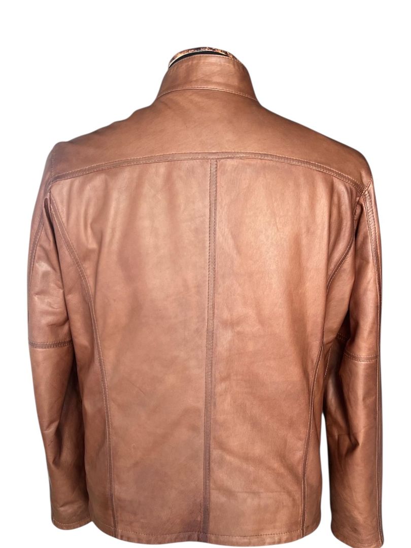 Brown leather jacket back view, stylish men's fashion with clean stitching and classic fit