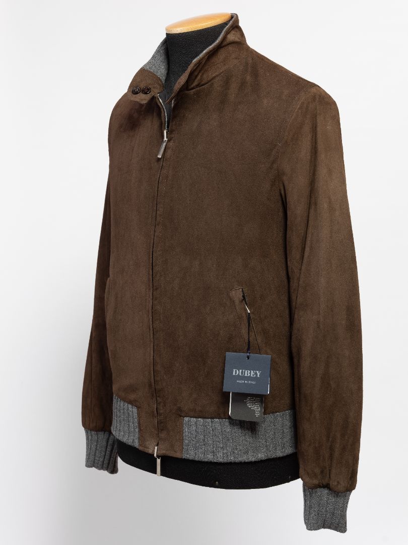 Brown suede men's jacket with gray knit trim, zip front, and Dubey brand tag