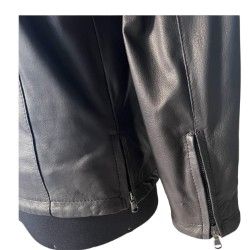 Black leather jacket with zipper pockets and sleek stitching detail