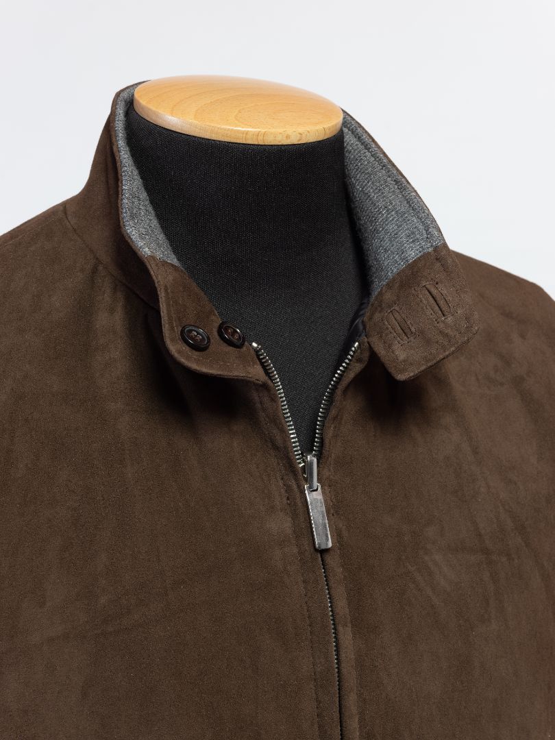 Brown suede jacket with zipper and button collar, stylish men's outerwear