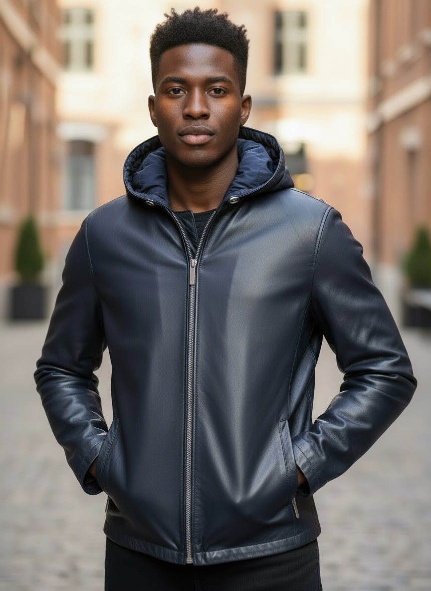 Men's navy blue leather hooded jacket, stylish urban wear for modern fashion