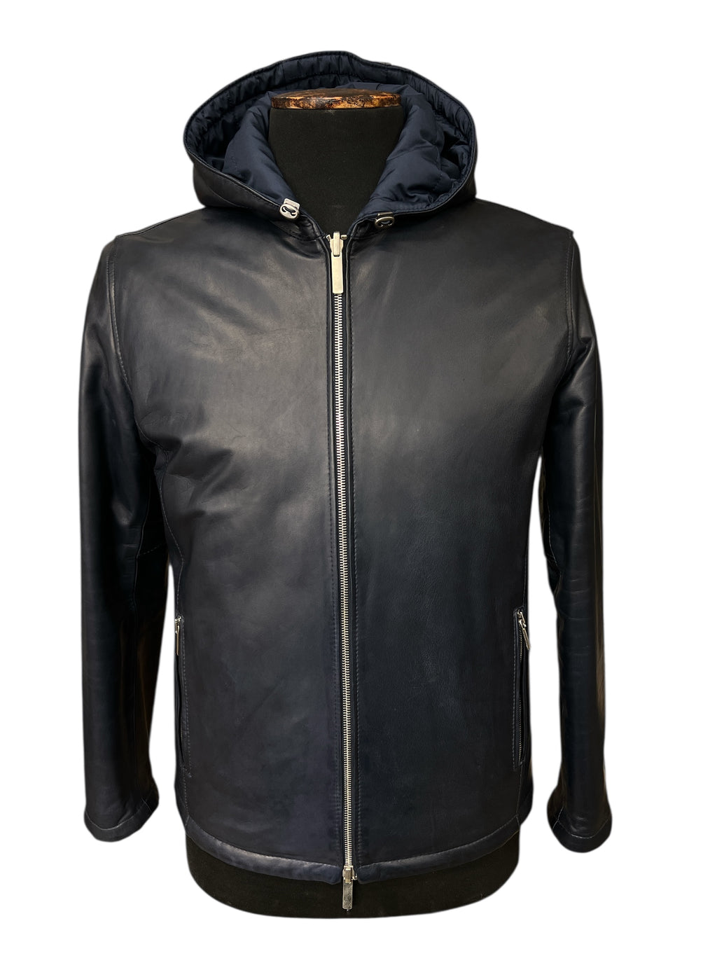 Black leather hooded jacket with front zipper and side pockets, stylish men's outerwear