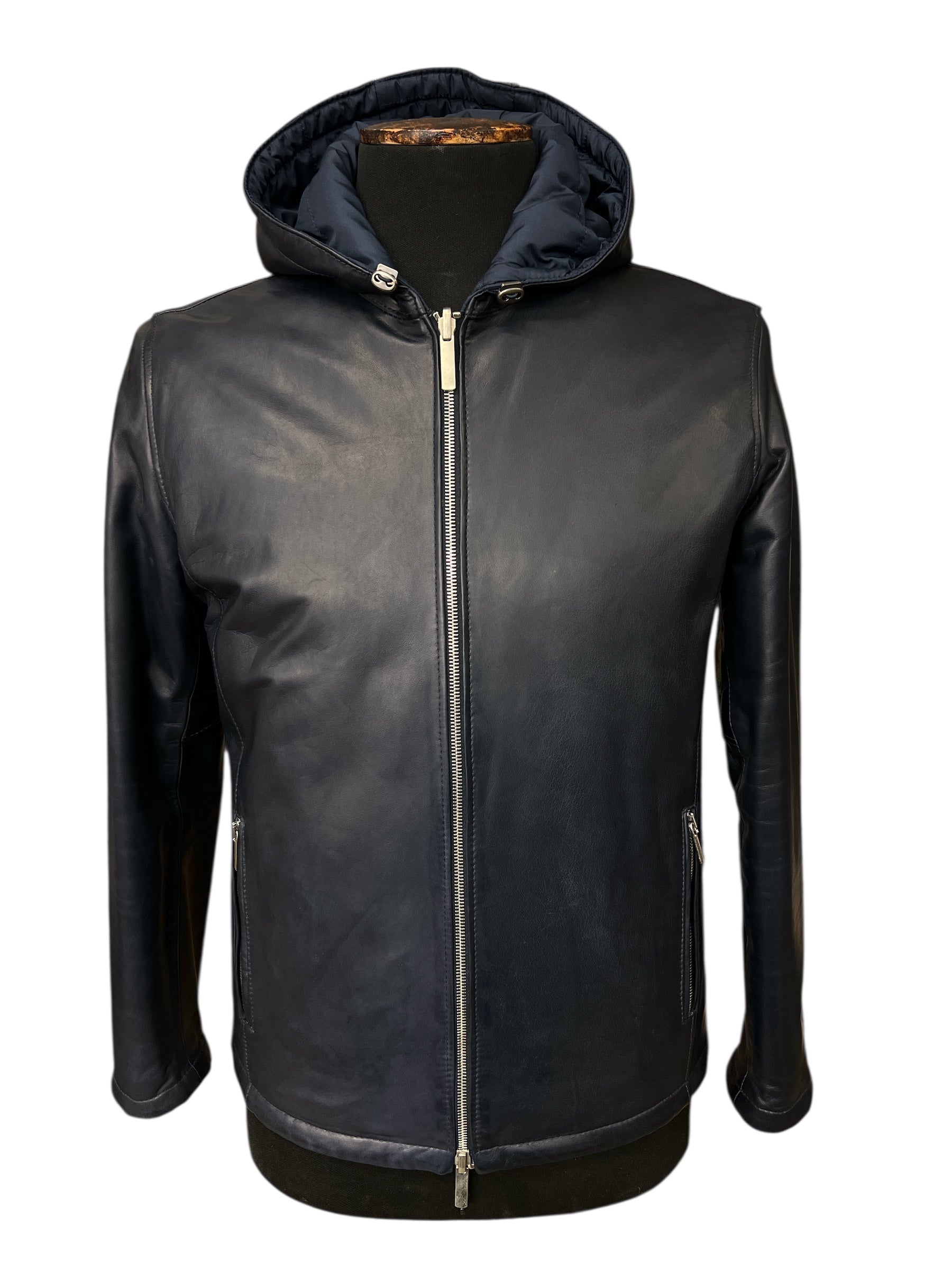 Black leather hooded jacket with front zipper and side pockets, stylish men's outerwear