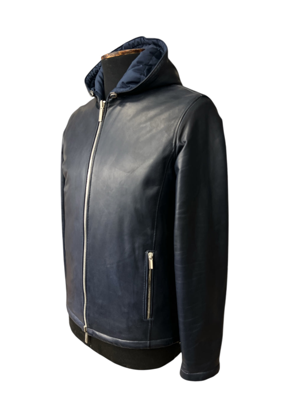 Men's black leather jacket with hood and front zipper, stylish and modern design for everyday wear.