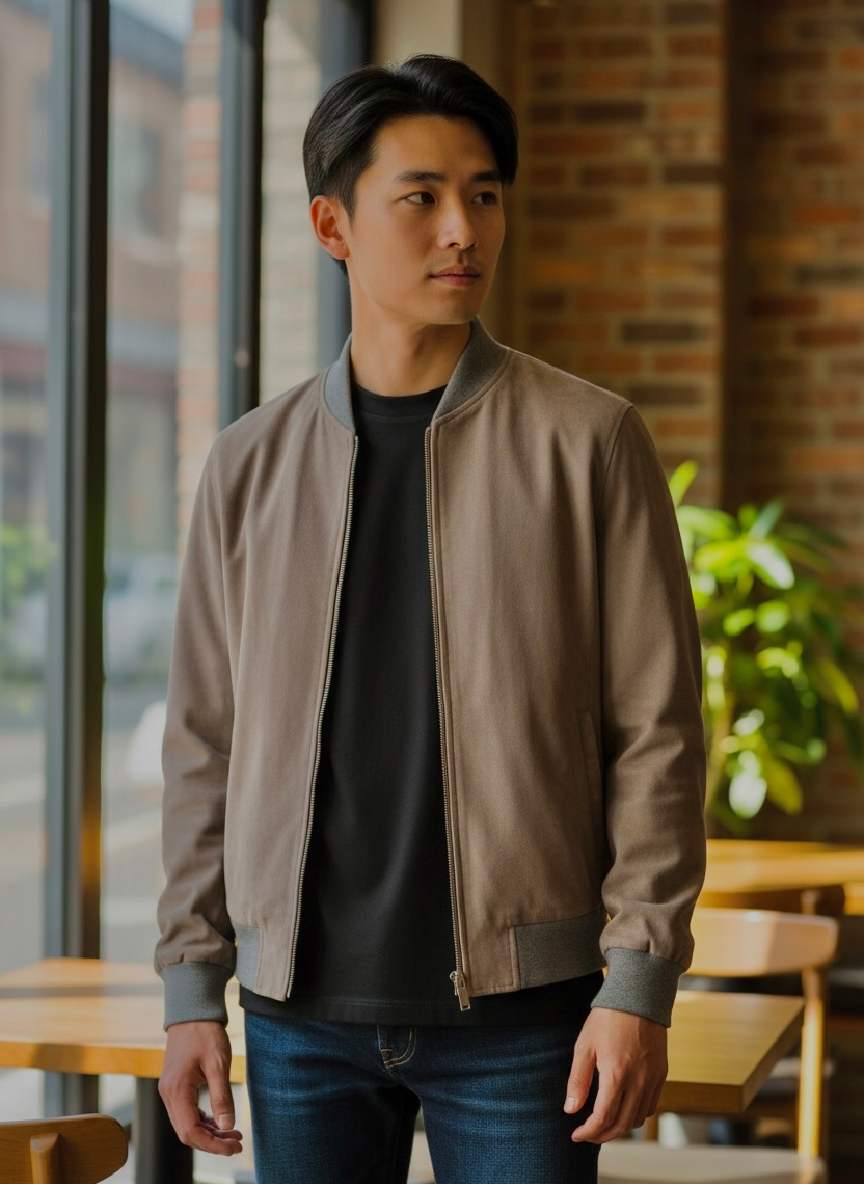 Man wearing stylish beige bomber jacket with gray trim, paired with black tee and jeans in modern cafe setting